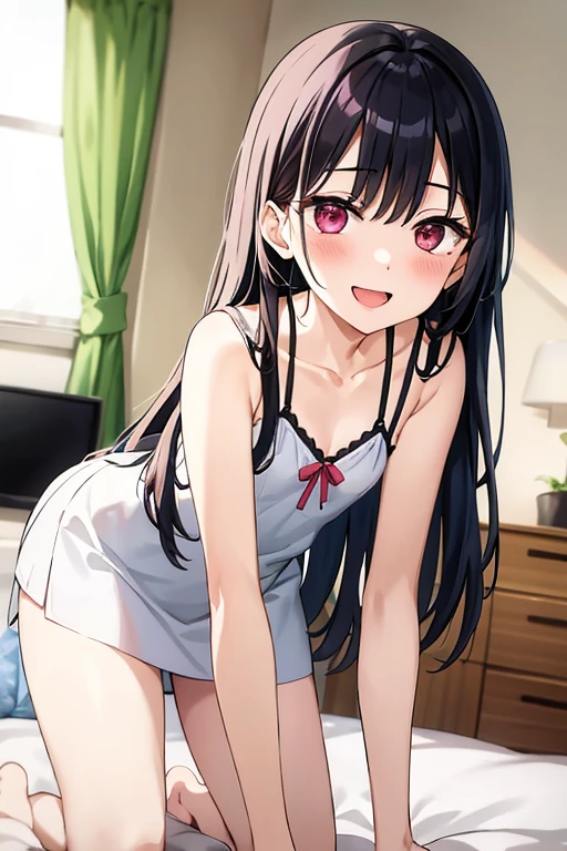 ((Best Quality)), ((masterpiece)), (be familiar with),  perfect face, indoor, bedroom,  watching viewers ,
One woman,  Kitakawa Kaiumi,
 characters with open mouth ,  ecstatic expression, blush, smile,
Small breasts,  flat chest, Young girl, Lori,  s,  girl,
Long Hair,  long hair ,
Leg spread,