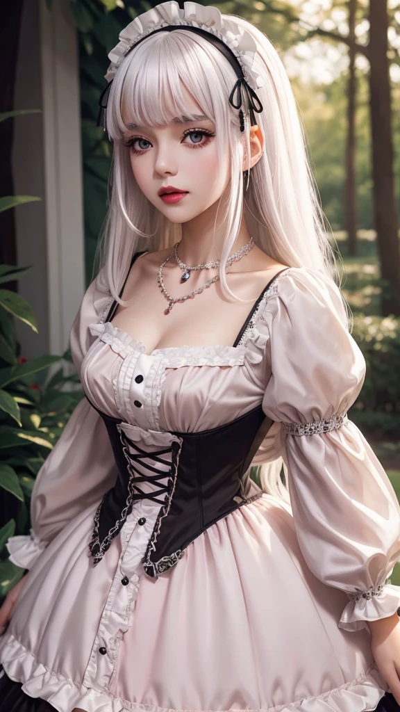lolita1,dress,flower Platinum Blonde Fine Hair、Extra long silky straight hair、Big eyes with bangs and eyeliner、Visible cleavage、Nordic Youth、Perfect body、Very beautiful and cute、White Skin、Smooth and radiant skin、Young and beautiful skin、Perfect beautiful little face、Shiny Makeup、Thin pink lip gloss expression、girl、Lipstick、Deceptive advertising、{Steaming hot}、Audience perspective、Primetime lights、Bokeh atmosphere perspective、Detailed movie lighting、Intricate details、high resolution、 Details of facial design、High Detail、Be focused、Smoothness、aesthetics、Print、Octane Renderer、{{masterpiece}}