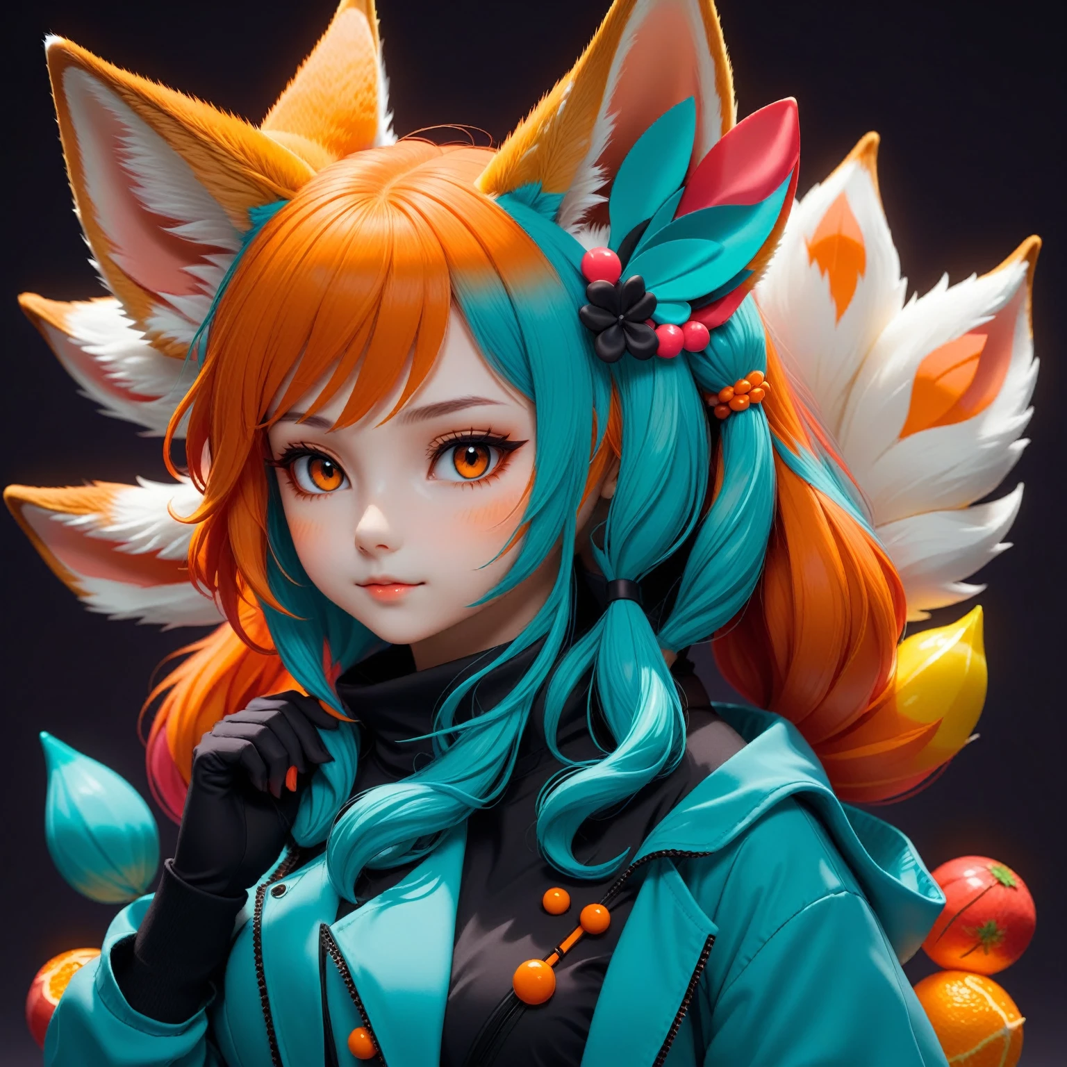 score_9, score_8_up, score_7_up, score_6_up, score_5_up, score_4_up, source_anime, BREAK girl, 3d render of a beautiful girl with multicolor hair and fennec fox long ears, (fennec), kawaii, black and red color palette, orange slices, orange sugar candy, dusdjajkda