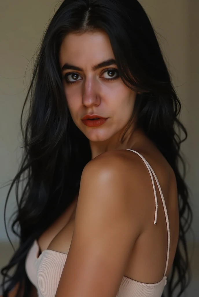 RAW photo,dark,moody,hazy atmosphere,35mm focal lenght,underexposed,cold,candid photograph,artistic,photograph of a beautiful,influencer,30yo Kurdish woman,detailed skin,fully naked,looking at viewer, candid pose,dim room,blue light, film grain, kodak color, instagram LUT