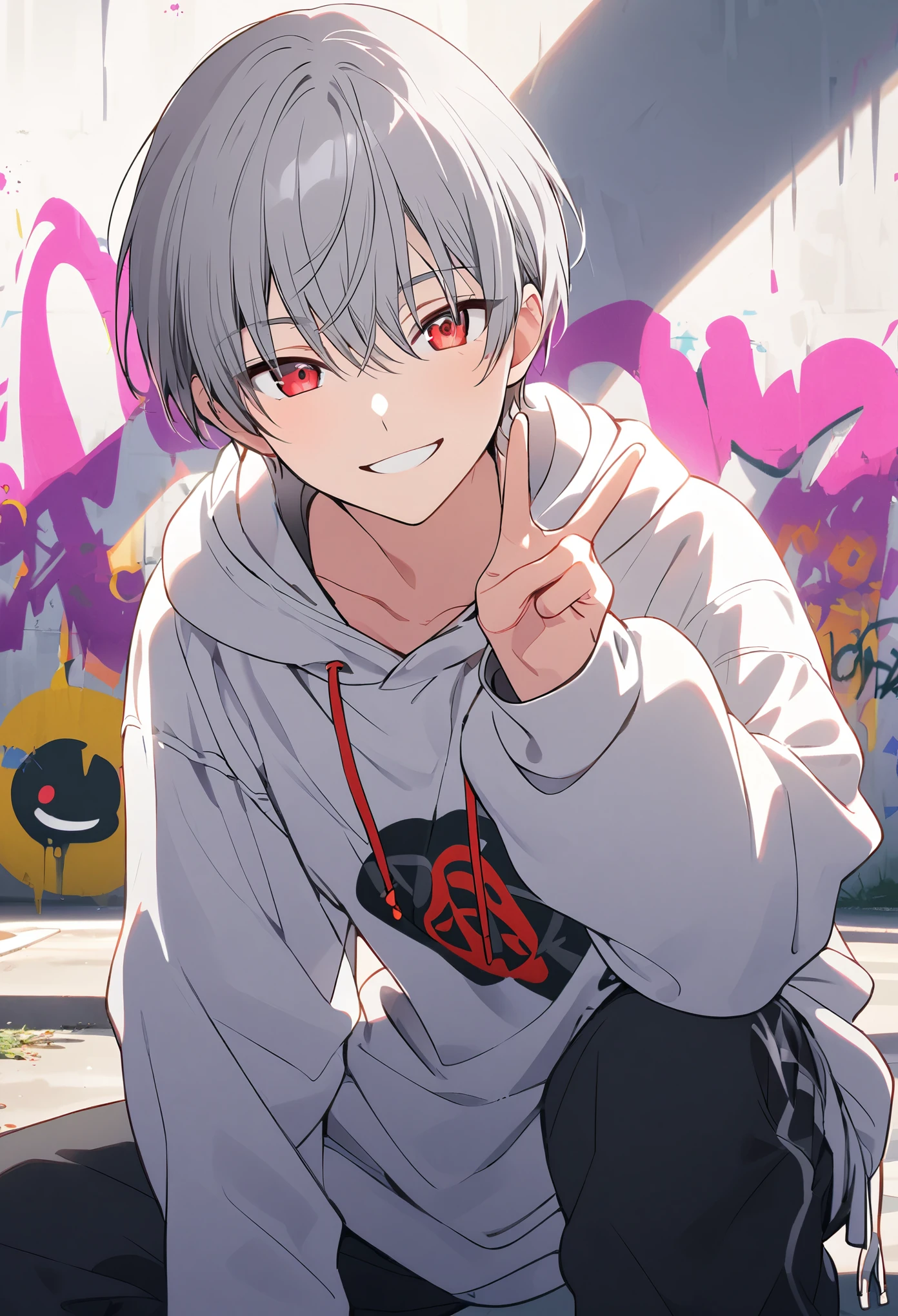  handsome, Alone, 1 male, Gray Hair, Red eyes,  Long Sleeve , white hooded hoodie, noon, White Light,cute目, Short Hairstyle ,cute, background with design ,hiphop background ,,bright, looking at the camera,Making a peace sign, background with graffiti , wearing a hoodie,smile, is crouching,Cutesy