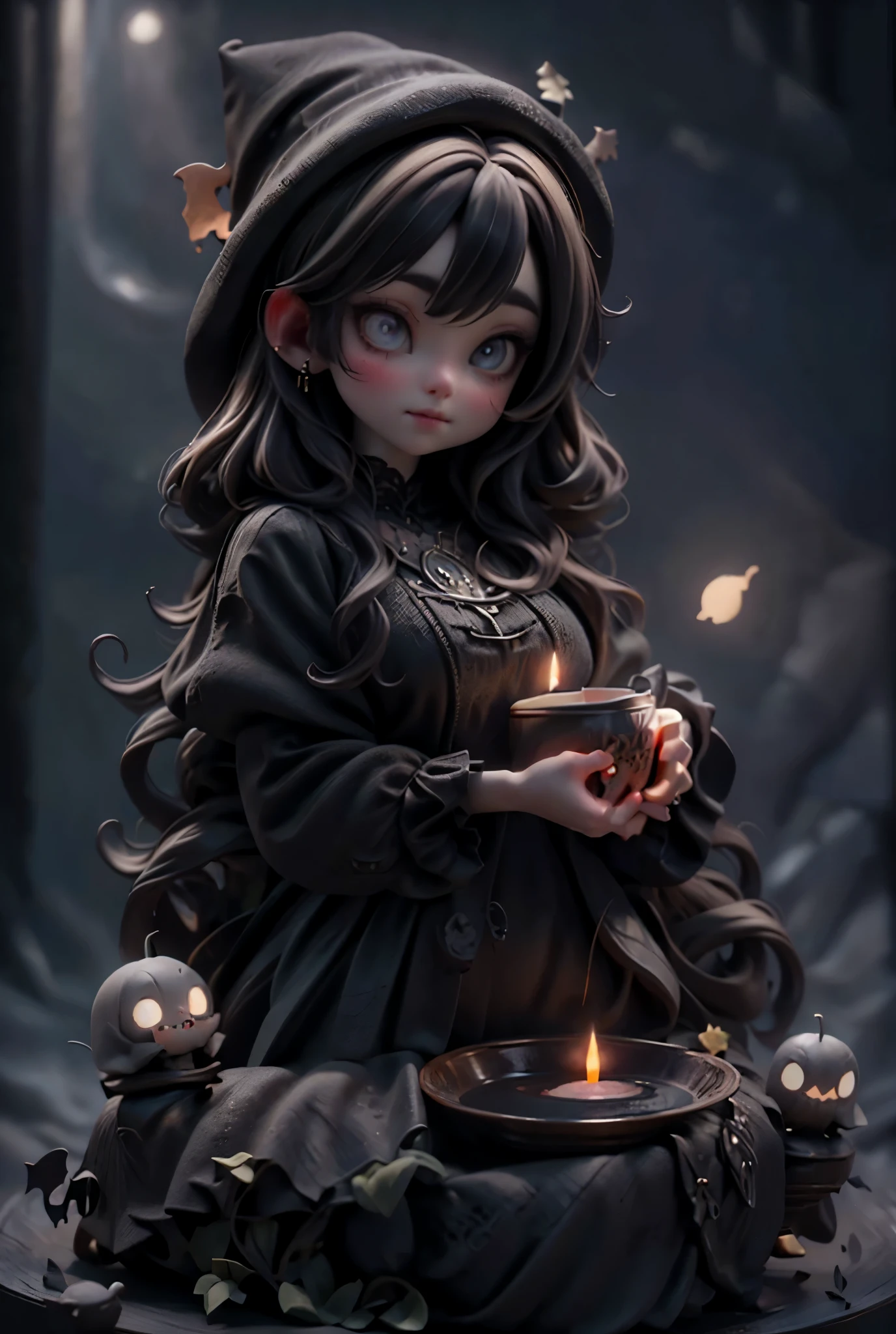 a cute witch, beautiful detailed eyes, beautiful detailed lips, extremely detailed face, long eyelashes, witch hat, black dress, stirring a cauldron, pumpkins, jack-o-lanterns, spooky forest, full moon, bats, candles, (best quality, 4k, 8k, highres, masterpiece:1.2), ultra-detailed, (realistic, photorealistic, photo-realistic:1.37), dark fantasy, dramatic lighting, moody atmosphere, vibrant colors, intricate details