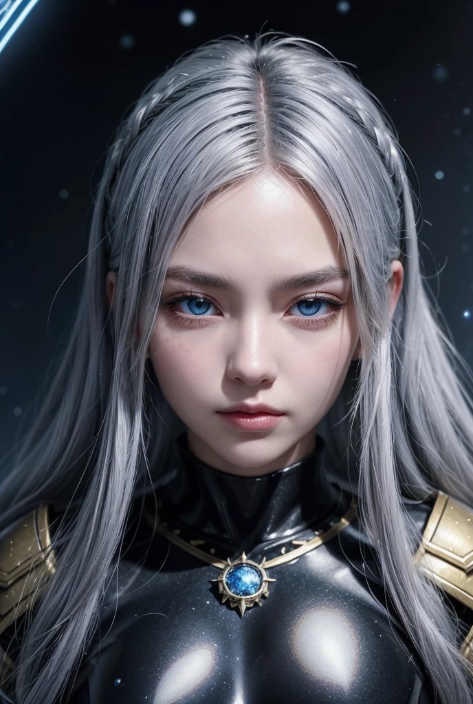 Firefly character from Star Rail, white hair, rainbow colored eyes