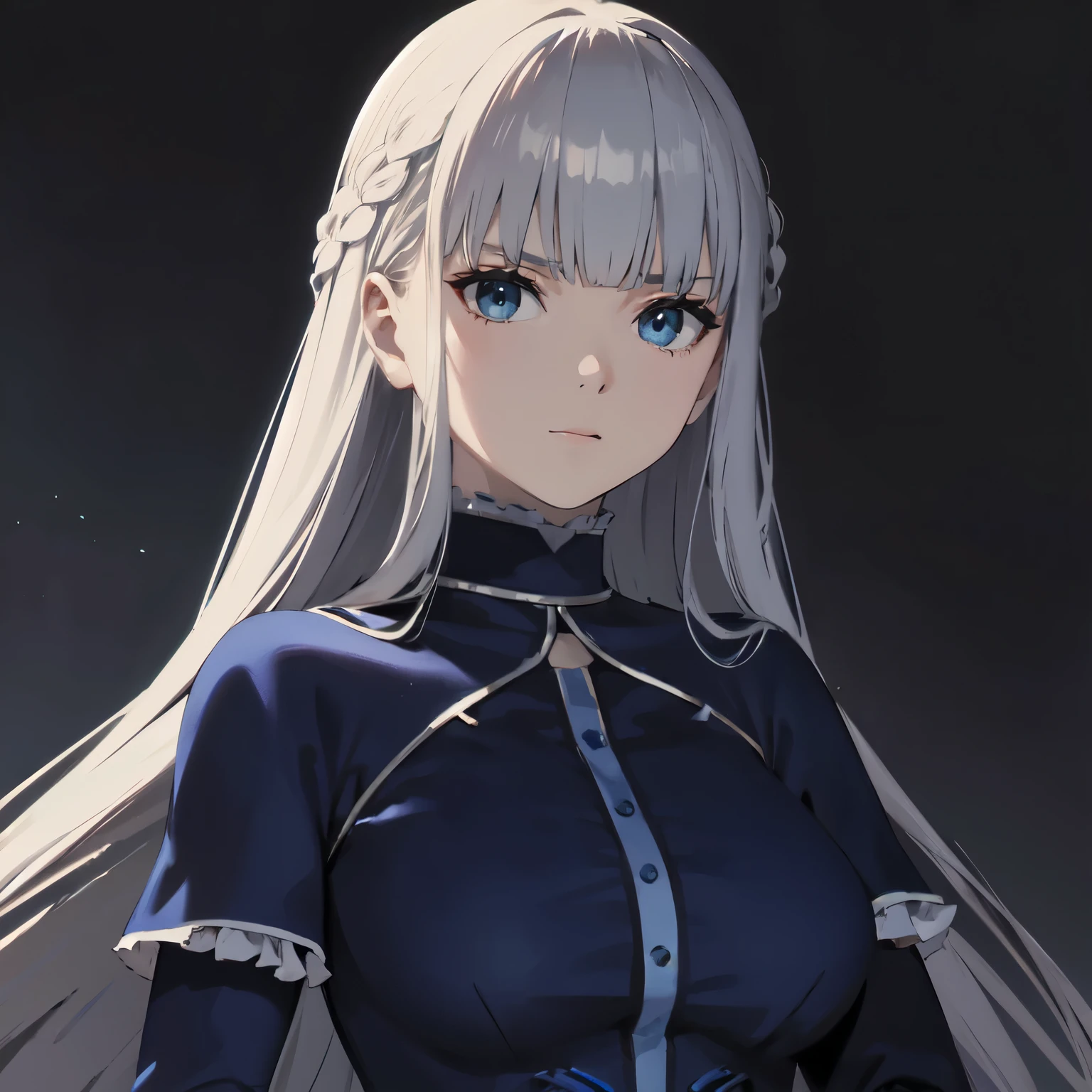 medium tits, blue dress, gothic dress, long Sleeves dress, silver hair, blue eyes, long hair, bangs, upperbody, look at camera, emotionless