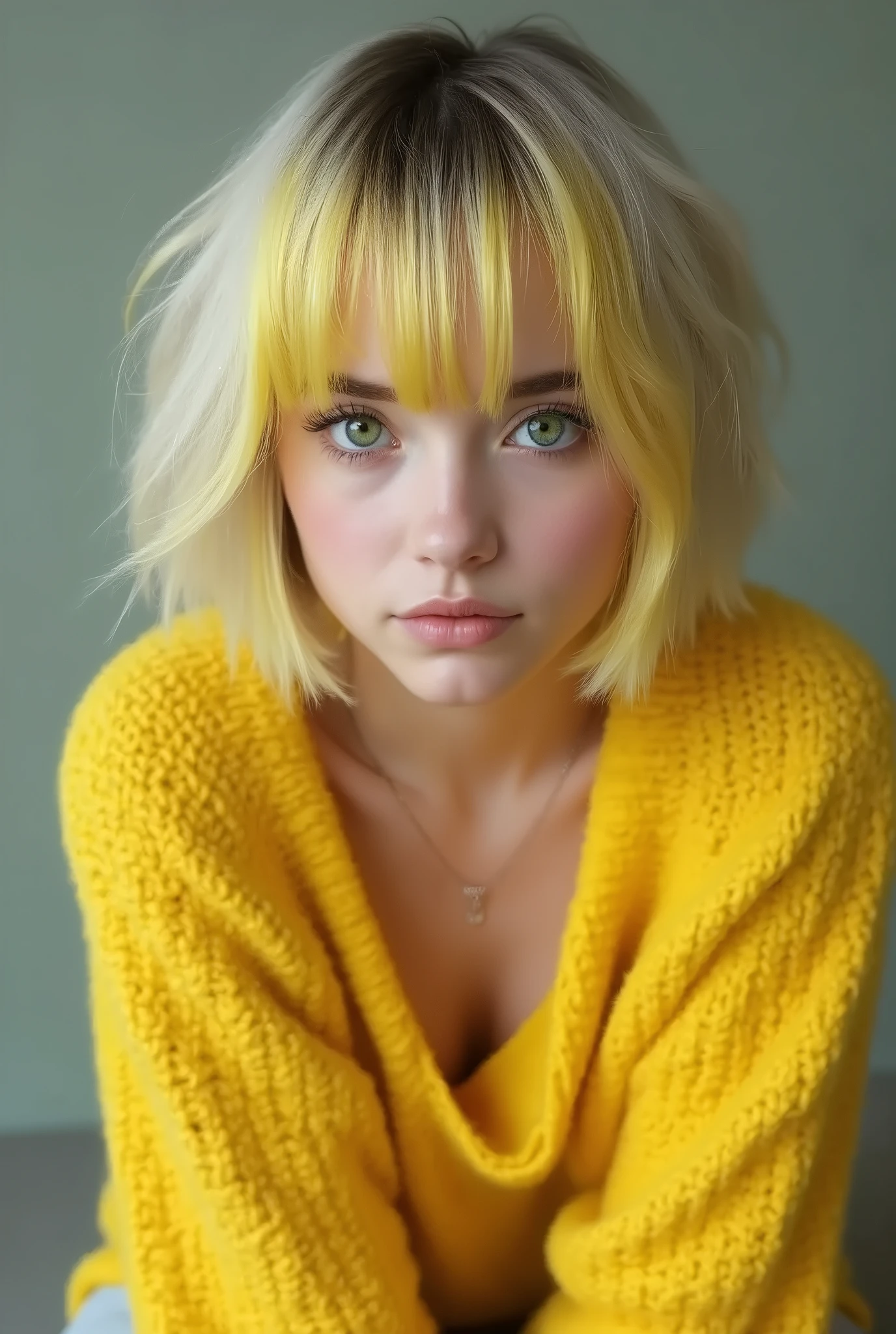 (Best quality, 8k, 32k, Masterpiece, UHD:1.2),studio Photo of Pretty 17 teen russian woman, large breasts, very short bob hair,upper body,face focus,(oversized_sweater,:1.1) necklace, background, looking at viewer, leaning forward, (((yellow hair with sliver bangs))), (((vibrant light freen eyes))) (((award winning detail)) ((avatar makeup and popstar clothes)))