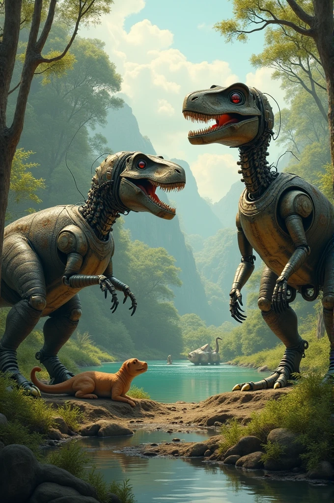Une femme sans vêtements de face avc des dinosaure avc un mec qui la ken
