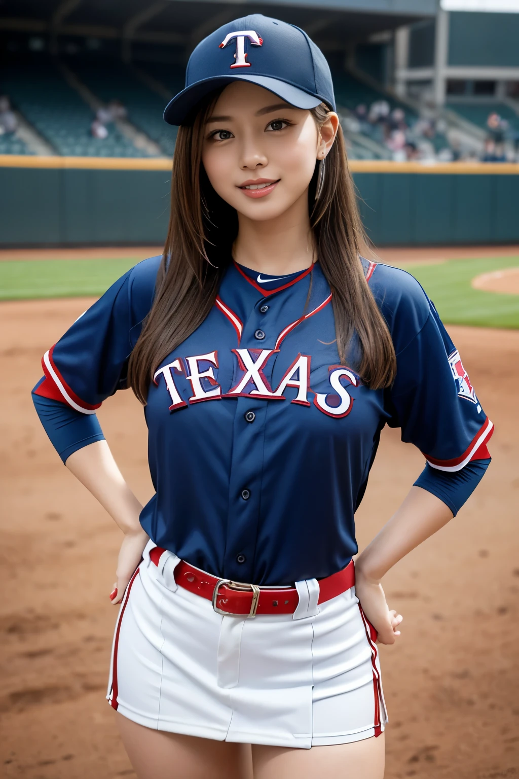 ((best quality)), ((masterpiece)), (detailed), 1girl,baseball player on baseball stadium,((clothed:1.1)),(Texas Rangers uniform),sexy blue or red and white baseball uniforms,wearing blue or red baseball cap ,baseball mittens ,hold baseball bats,(pleated mini skirt )((huge breasts:2.0,see through:20,high leg micro pantie)),best smile,crossed arms,hold breasts,standing and style posing ,open legs,(beautiful pussy line),(Protruding pubic hair),