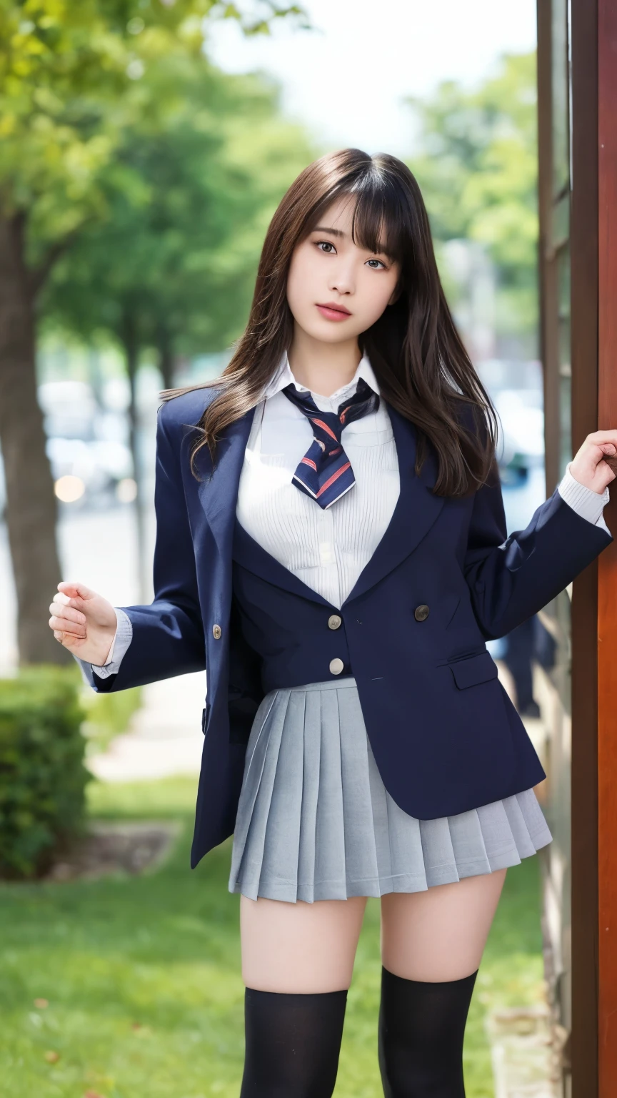 (Long Hair, bangs,:1.2),1 girl,Japanese,21 years old,(huge breasts:1.3),(highest quality,masterpiece:1.3,超A high resolution,),(Ultra-detailed,Caustics),(Photorealistic:1.4,RAW shooting,)Ultra-Realistic Capture,Very detailed,High resolution 16K human skin close-up、 Natural skin texture、,pores、、It needs to be detailed enough to be easily identifiable。 Skin should be even-toned and healthy looking。 Use natural light and colour, Sad expression, Looking at the camera, Perfect dynamic composition, Outdoor、 exposes her breasts、Bare your breasts、Nipples、No bra、sailor、 pleated skirt 、 high school uniform 、 black knee-highs、Absolute territory、 Full Body Portrait