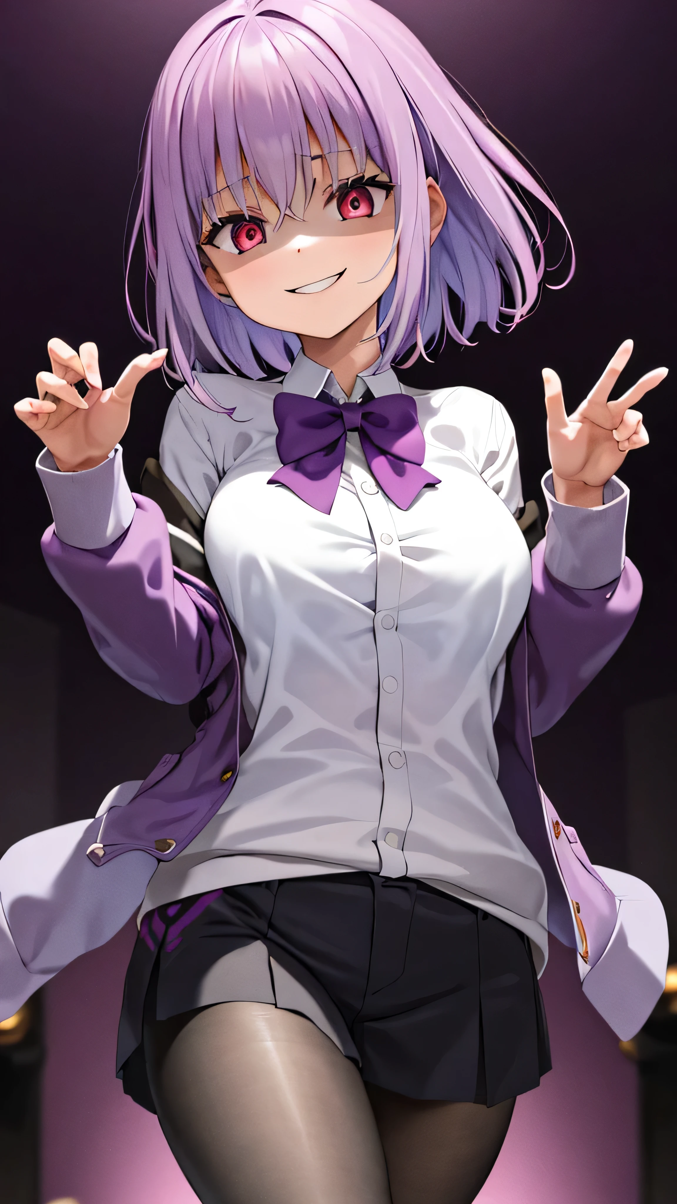 masterpiece, Best Quality, Kampala, Shinjo Akane, One Girl, Alone, pantyhose, shirt, bow, purple jacket, jacket, white shirt, Long Sleeve , short hair,, collared shirt, , Open clothes, bowtie, purple bow, Chest, bangs, Red eyes, Off the shoulder, open jacket, sleeve is longer than the wrist, light purple hair , purple bowtie, , cowboy shot,Too evil, Overlooking the Audience ,,,Dark shadowed face,Smiling Face,Big Monster ,Dark purple background,Two Hands,Five fingers,Evil Darkness,Sadistic smile,black ink swirl,disturbig purple light