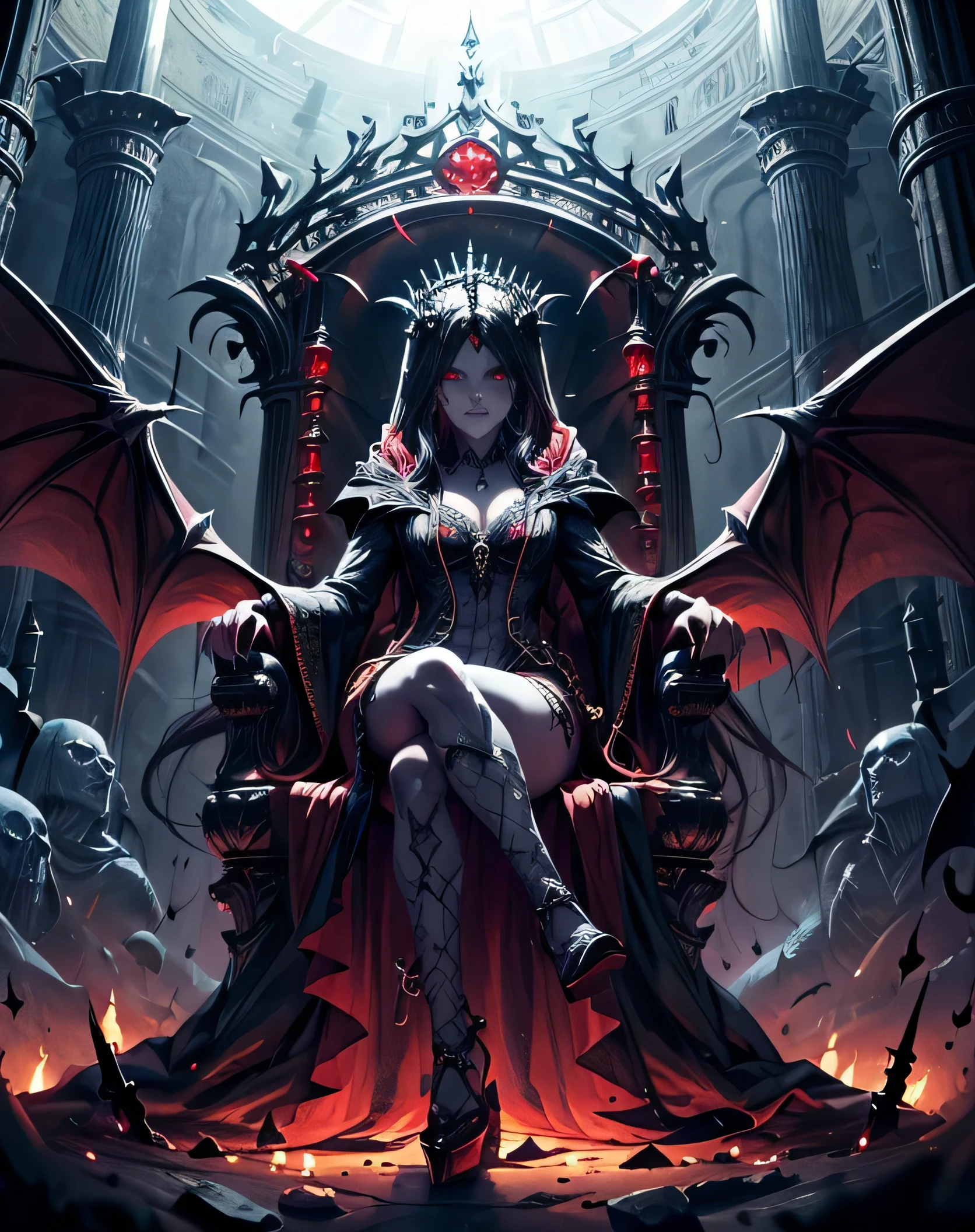 (Best Quality), (masterpiece), ( high definition), [: intricate details:], (  detailed background  )  Hooded Sex Seated on a Throne Surrounded by Skulls Vampire Woman, She has red eyes, Her Clothes Are Red ,  Her Skin Is White Like a Vampire ,  dark fantasy art, Vampire Queen,  DarkElve Maiden , Dark Wizard,  Abaddon and Magali Villeneuve , Dark fantasy art,   Epic Fantasy Art Style hd  ,  Evil Witch , The Necromancer Witch ,  dark fantasy art, Beautiful Necromancer, ( Aura Effect of the Wise Men Around the Throne ),full body,white back ground