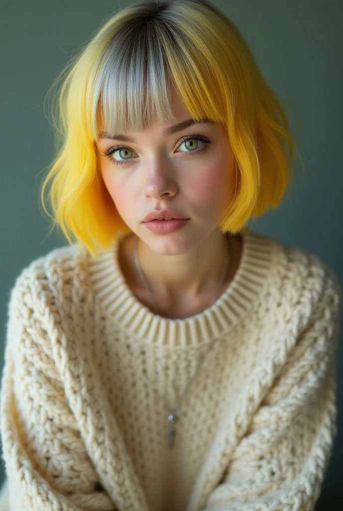 (Best quality, 8k, 32k, Masterpiece, UHD:1.2),studio Photo of Pretty 17 teen russian woman, large breasts, very short bob hair,upper body,face focus,(oversized_sweater,:1.1) necklace, background, looking at viewer, leaning forward, (((yellow hair with sliver bangs))), (((vibrant light freen eyes))) (((award winning detail)) ((avatar makeup and popstar clothes)))