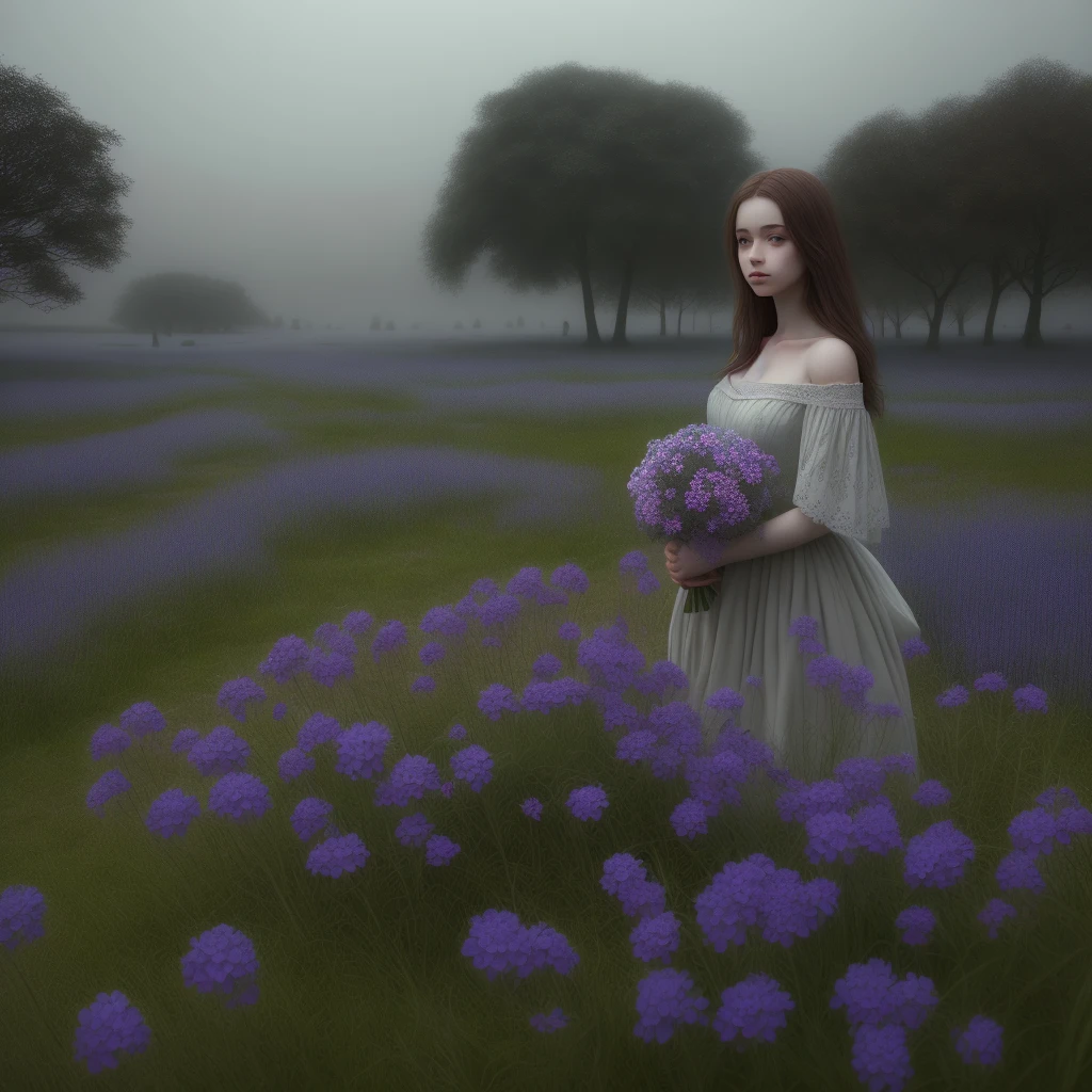 masterpiece, best quality, volumetric lighting, young woman in xyzgg style, Canterbury Bells, intricate details, looking at viewer, A desolate, fog-covered moor, with an eerie sense of isolation background