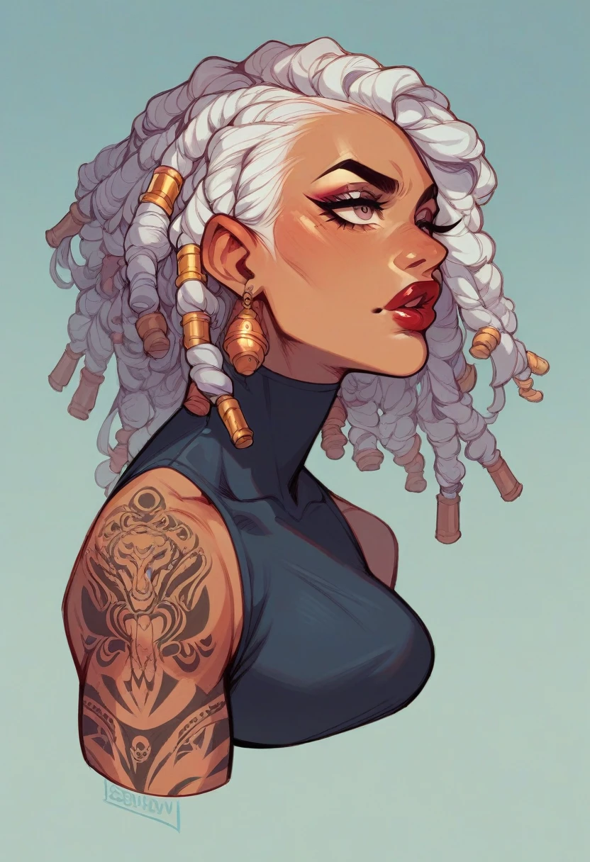 woman with white hair with 2 blue dreadlocks and moving beads, tattoos, septum and with matte red lip gloss, long eyelashes and juicy lips, make up shadows diving without clothes curvy body 
