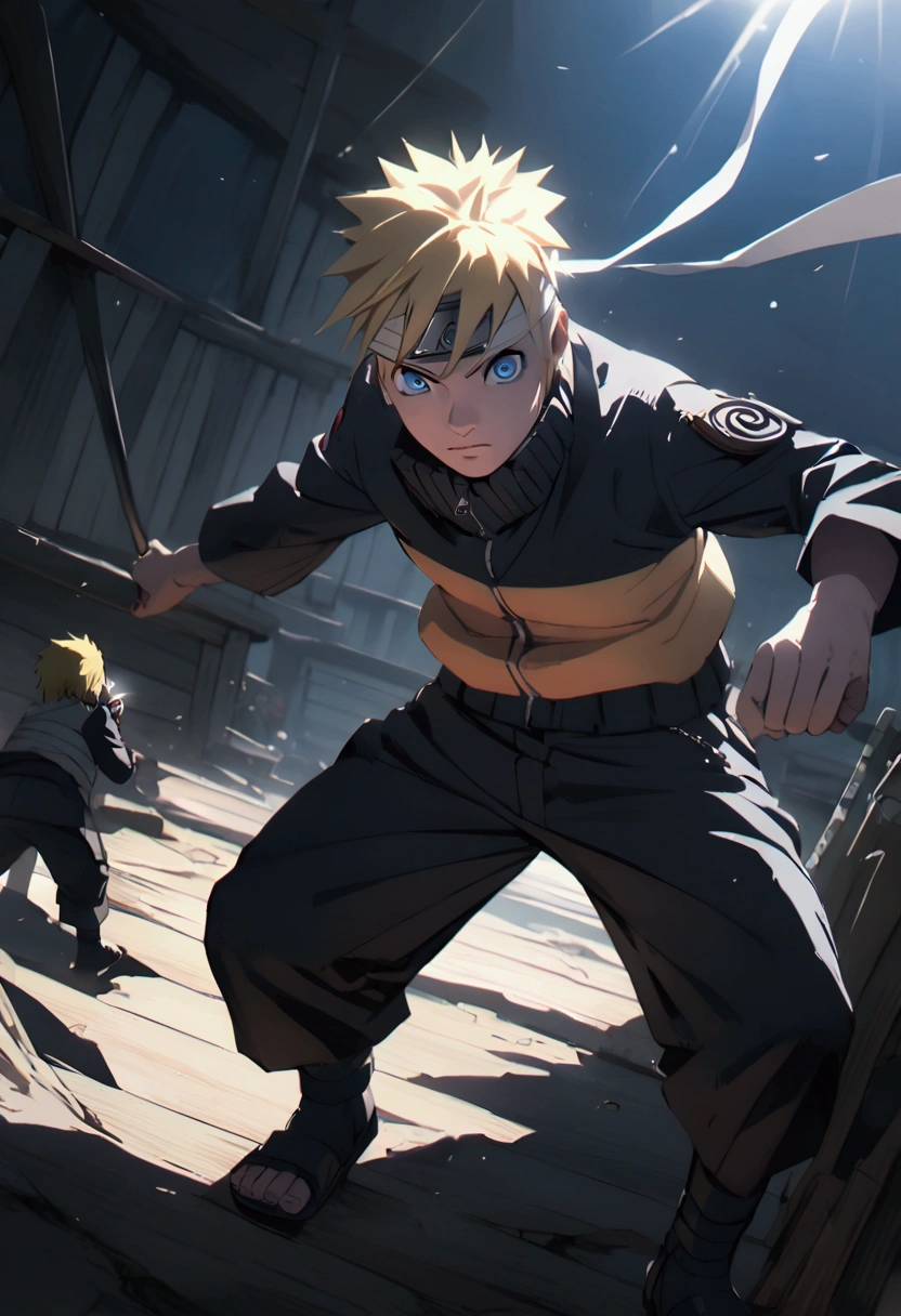 (Without deformities)  Naruto Uzumae pointed blond hair and blue eyes, a konoha ,  bolts and sandals with a black jacket and chunin vest , black pants  , bandage in ninjas .