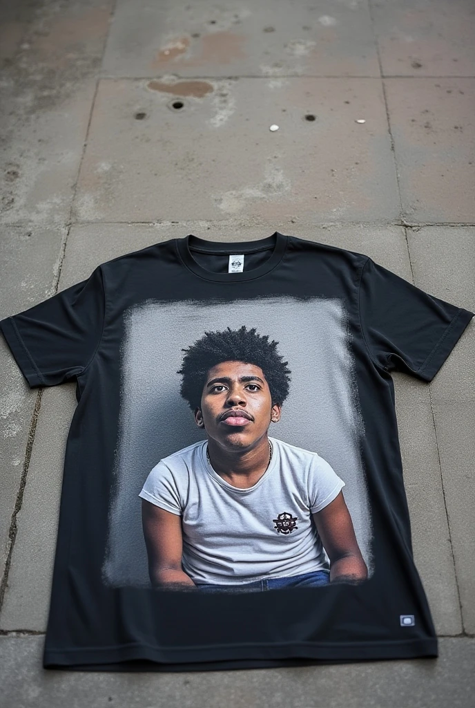 Imagem de um adolescente, ele tem roupa de rapper, he's on his back, On the back of his shirt is written the word RAPOZZO.