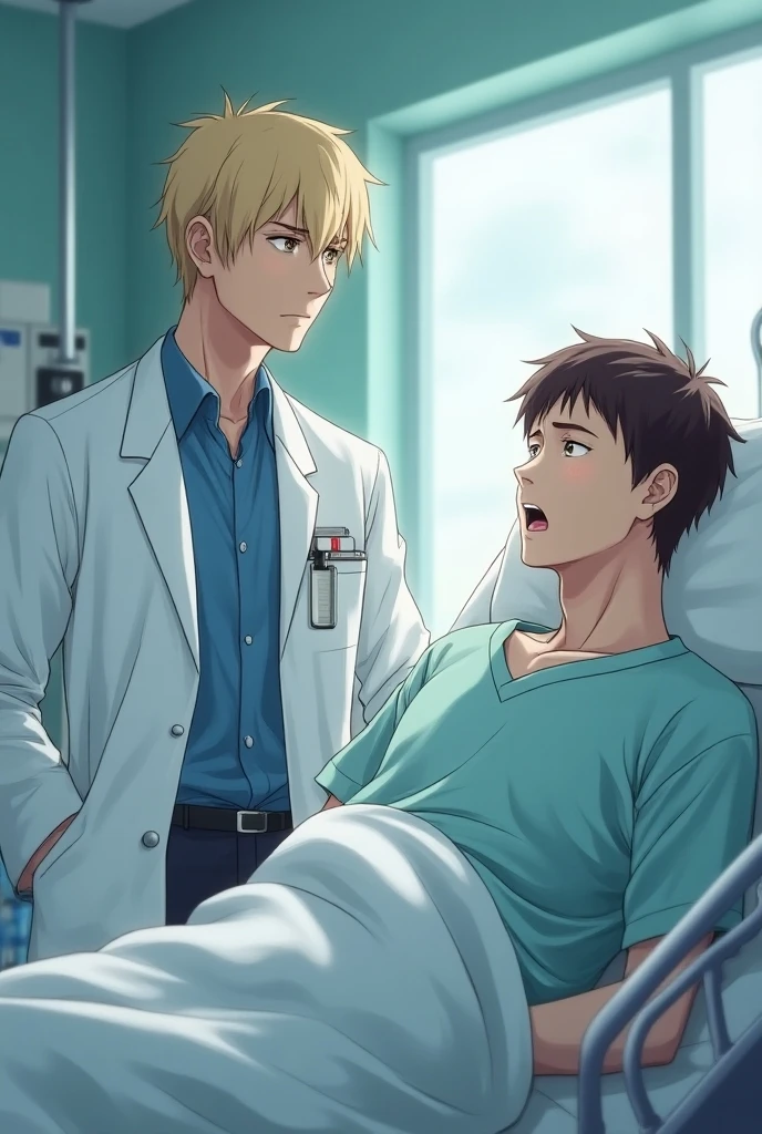 1boy、Handsome Men、Japanese male, 、Completely naked、Full nudity、erection、Huge penis、Highest quality、Realistic、beautiful、Sad look、Being examined at a hospital、An elderly doctor in a white coat next to him、Arms above head、Photo Quality