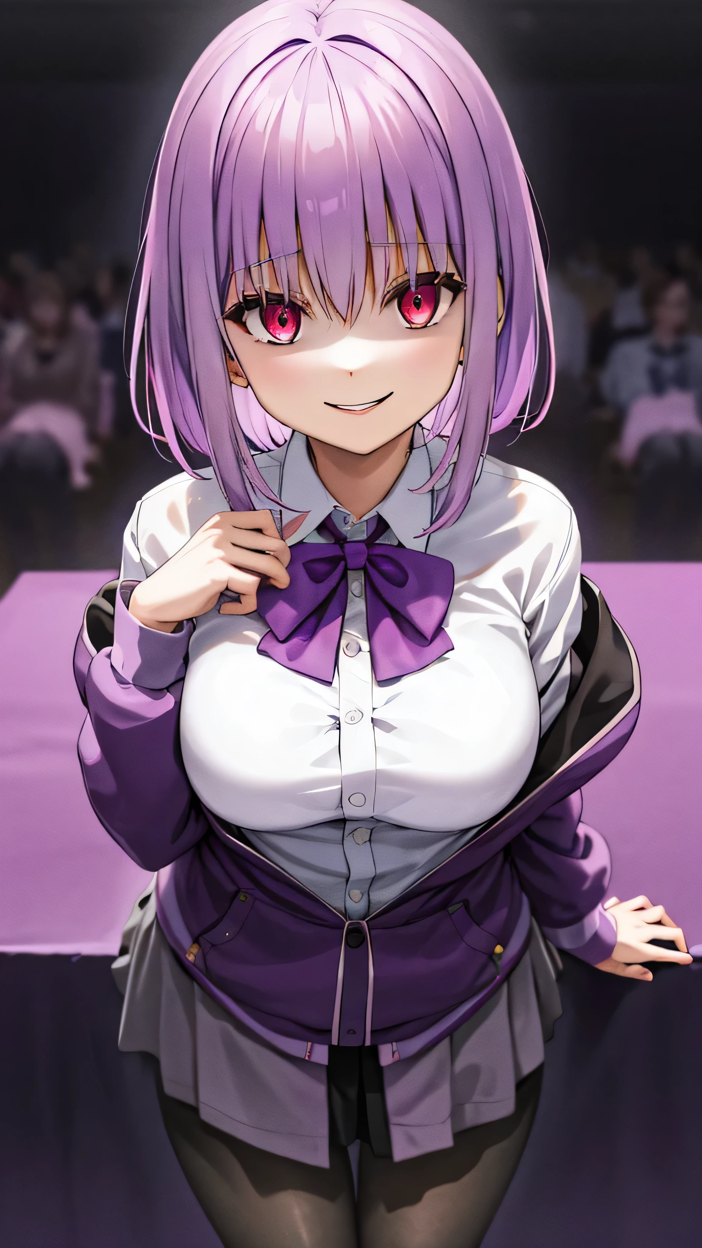 masterpiece, Best Quality, Kampala, Shinjo Akane, One Girl, Alone, pantyhose, shirt, bow, purple jacket, jacket, white shirt, Long Sleeve , short hair,, collared shirt, , Open clothes, bowtie, purple bow, Chest, bangs, Red eyes, Off the shoulder, open jacket, sleeve is longer than the wrist, light purple hair , purple bowtie, , cowboy shot,Too evil, Overlooking the Audience ,,,Dark shadowed face,Smiling Face,Big Monster ,Dark purple background,Two Hands,Five fingers,Evil Darkness,Sadistic smile,black ink swirl,disturbig purple light