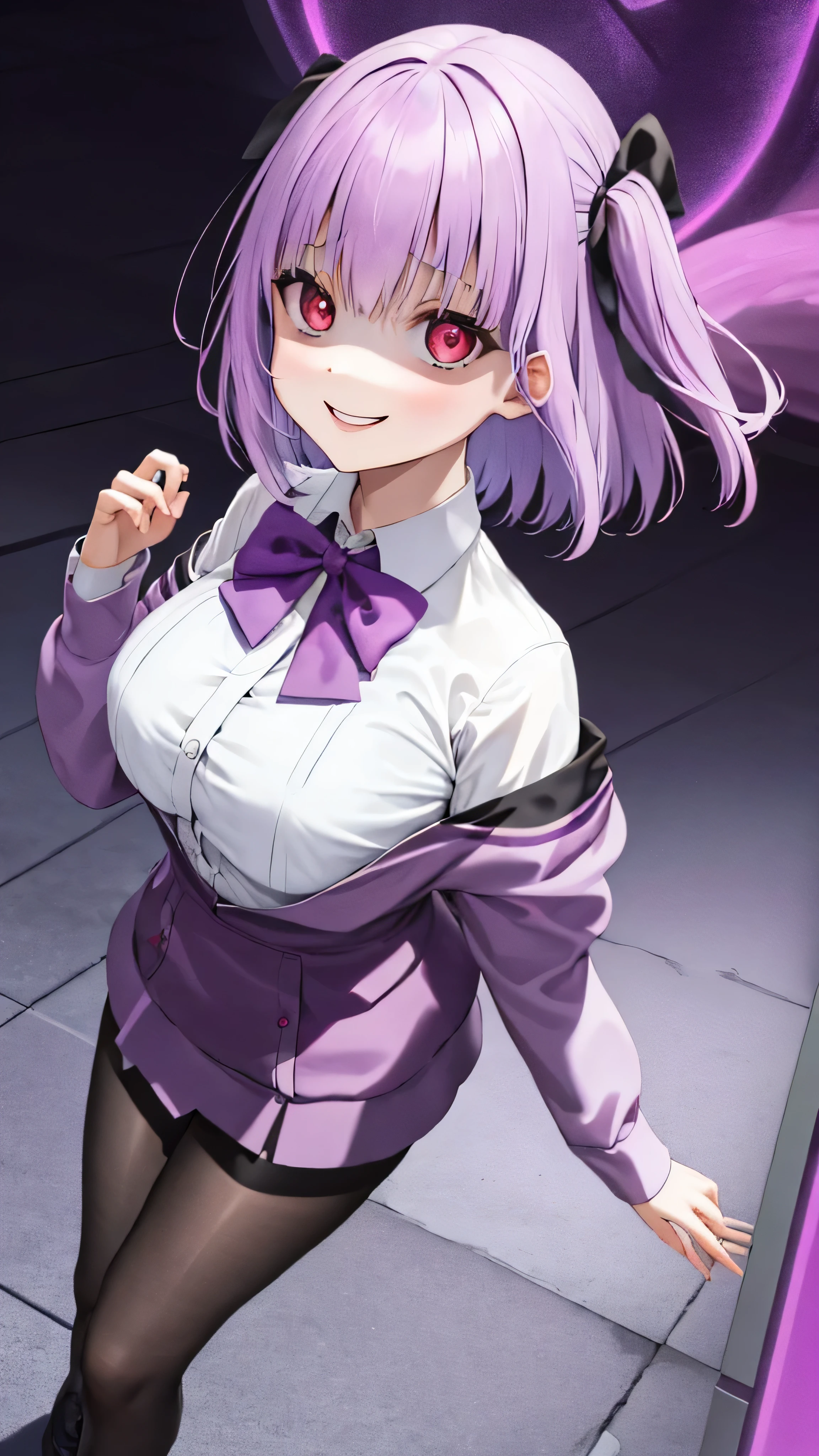 masterpiece, Best Quality,  Kampala, Shinjo Akane, One Girl, Alone, pantyhose, shirt, bow,  purple  jacket,  jacket, white shirt,  Long Sleeve , short hair,, collared shirt, , Open clothes, bowtie, purple bow, Chest, bangs, Red eyes, Off the shoulder, open  jacket,  sleeve is longer than the wrist,  light purple hair , purple bowtie, ,   cowboy shot,Too evil, Overlooking the Audience ,,,Dark shadowed face,Smiling Face,Big Monster ,Dark purple background,Two Hands,Five fingers,Evil Darkness,Sadistic smile,black ink swirl,disturbig purple light 