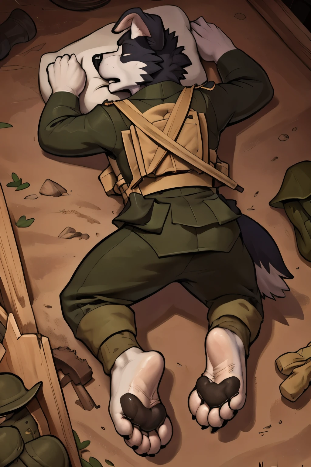 (ultra quality):1.4, color, smooth comics style, (by takemoto arashi, by meesh, by Taran Fiddler), solo:1, (sleeping)) ((blackfeetsoles)) ((black feetsoles)) ((knockout face)) did a border collie in the egnlish soldier uniform without shoes. He is dead in the trench, lying on the back, closed eyes, tonque stuck out of the mounth, defeated on the floor after a fight, exhausted, closed eyes, tonque out of the mounth , ((feet focus)) fluffy tail. Battlefield (uniform english world war 1)) ((world war 1)) ((ww1)) ((white legs)) ((black pawpads)) (four toes) 4toes, 5finger ((floppy ears)) ((Border collie)) (white pawsole) (feral feet)
