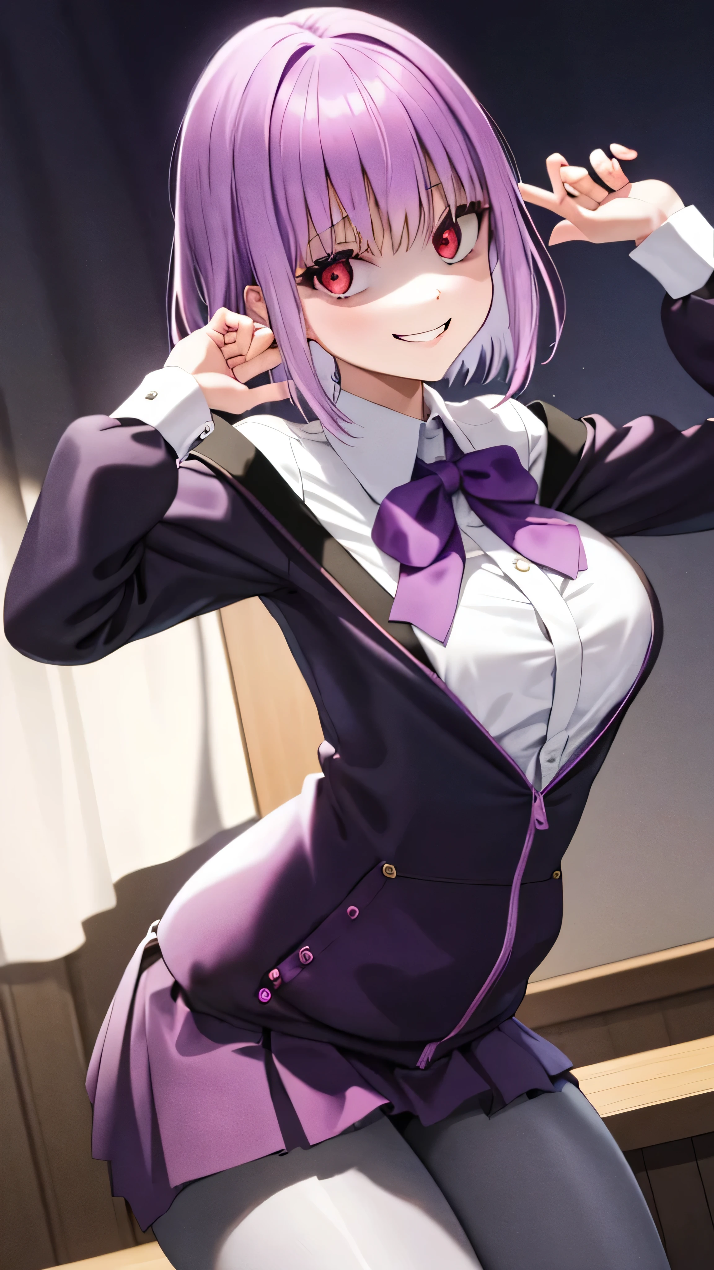 masterpiece, Best Quality,  Kampala, Shinjo Akane, One Girl, Alone, pantyhose, shirt, bow,  purple  jacket,  jacket, white shirt,  Long Sleeve , short hair,, collared shirt, , Open clothes, bowtie, purple bow, Chest, bangs, Red eyes, Off the shoulder, open  jacket,  sleeve is longer than the wrist,  light purple hair , purple bowtie, ,   cowboy shot,Too evil, Overlooking the Audience ,,,Dark shadowed face,Smiling Face,Big Monster ,Dark purple background,Two Hands,Five fingers,Evil Darkness,Sadistic smile,black ink swirl,disturbig purple light 