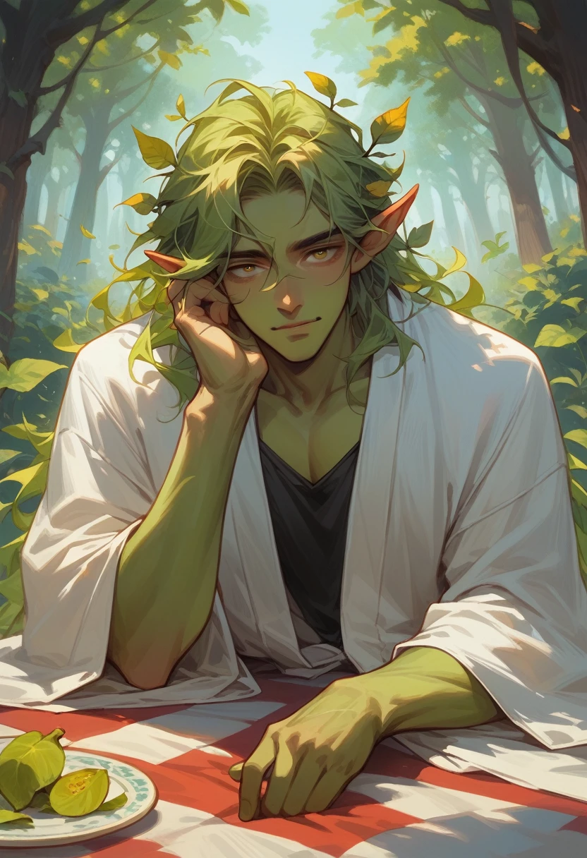 alone, dryad male, green skin, in a dark shirt and white robe, on a picnic table. long leaf hair.