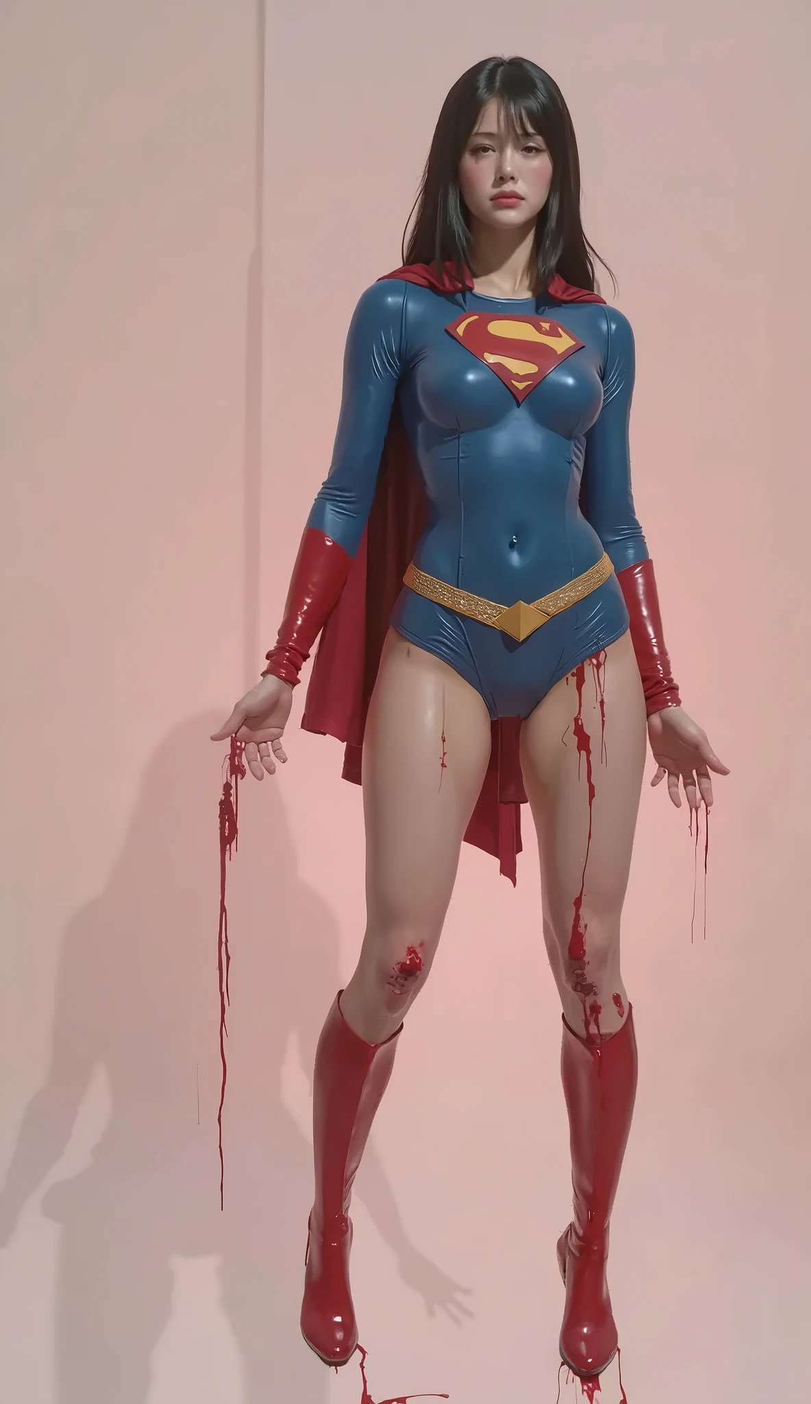 Wearing a Supergirl costume、The of the beautiful Japanese girl Supergirl, covered in blood 、Beautiful Japanese Supergirl、close your eyes、Bleeding from the groin、Face in pain、spit blood from the mouth、Hanged、Dead、Vomiting blood、
