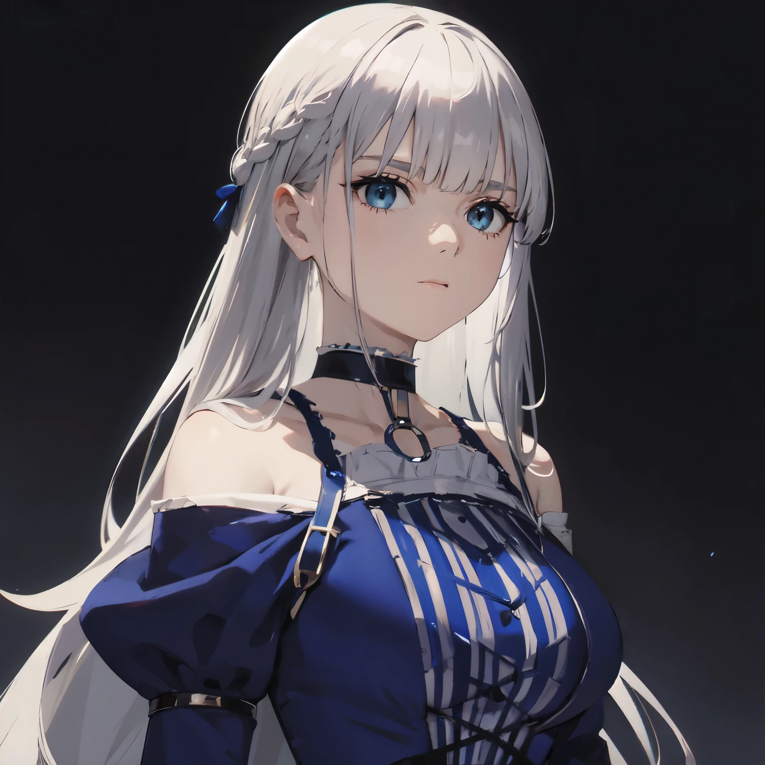 big tits, blue dress, gothic dress, long Sleeves dress, silver hair, blue eyes, long hair, bangs, upperbody, look at camera, emotionless, choker