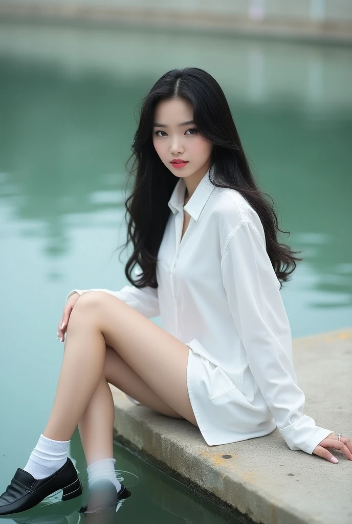 (best quality, masterpiece: 1.3), 1 girl, Sitting on the earth,The ratio of earth to girls is 2:1,She has long black hair,White skin,It adds to her charm, looking at the audience, Seductive girl, correct body proportions, Plain white short skirt,two legs crossed,beautifully, universe,Milky Way,starry sky,fireworks,photo