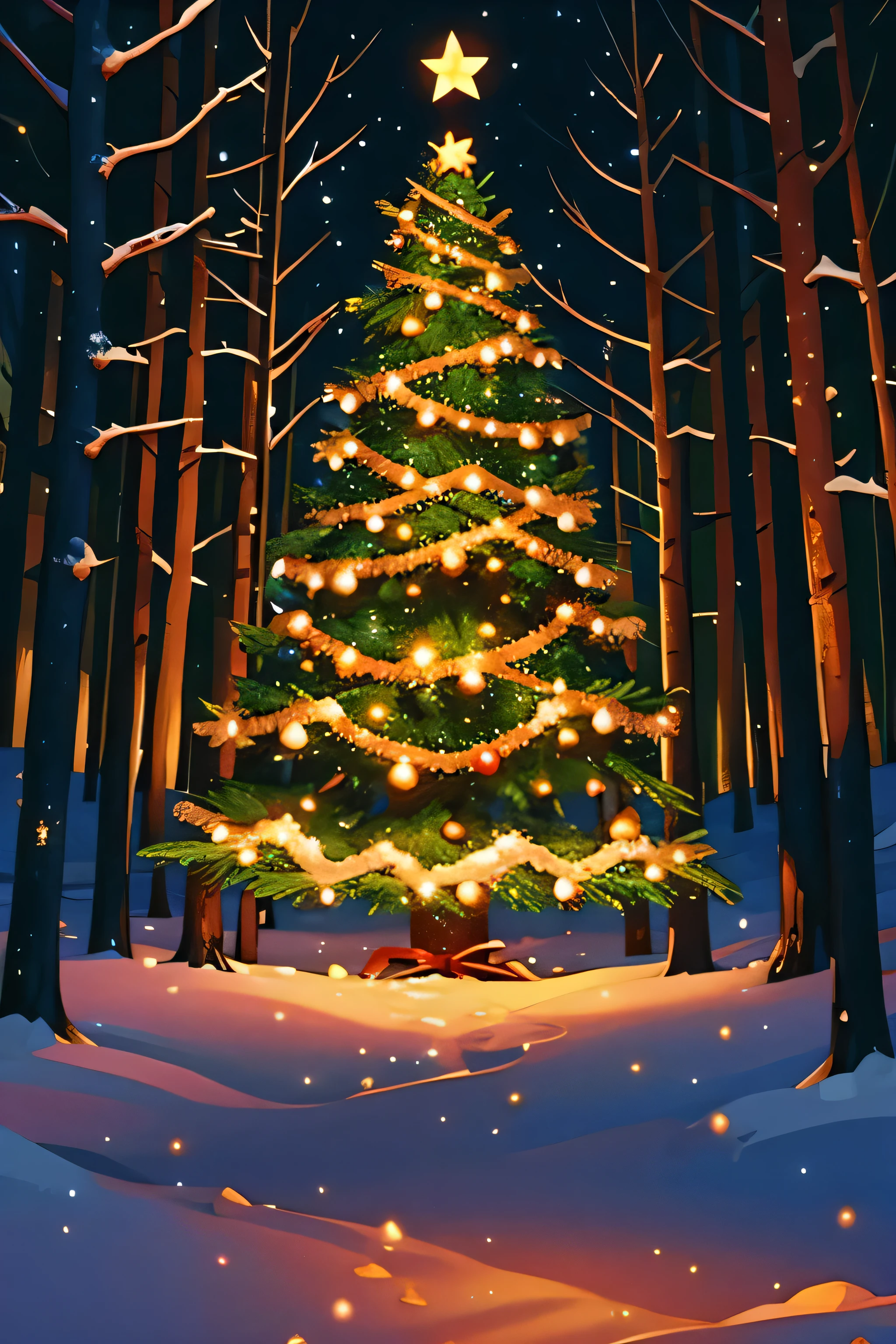 Christmas tree in a snowy forest night , only tree no persons