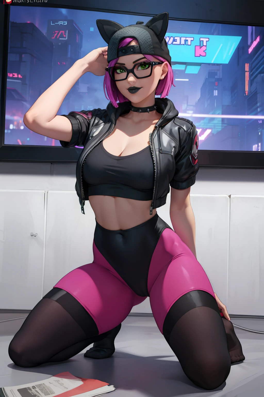 Cyberpunk bikini linen outfit with black latex leggings, piernas abiertas pene dentro de su vagina , Noche ,Extremadamente detallado, rostro detallado, gafas