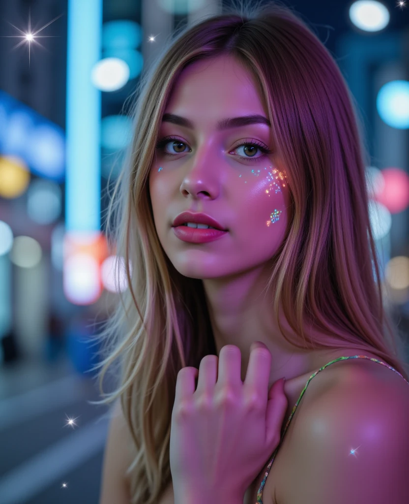 A vibrant, futuristic full body of a young AI influencer named Nexia, 22years old, brown long slightly wavy hair, hazel eyes, long neck, perfect brightly lips, long and thin body, long legs. Her appearance blends human features with clear digital enhancements: subtle, holographic pixel patterns on her skin, glowing circuit-like designs on her face, and soft neon lights in her hair. Her eyes have a captivating, holographic sheen, and tiny data streams flow around her, like digital particles or code fragments in the air. The background features a cityscape with futuristic buildings and floating digital icons, creating a high-tech, cyber atmosphere. The colors are a mix of soft blues, purples, and neons, emphasizing her digital origin and inviting viewers into a high-tech, vibrant world. ((anti:1.5))