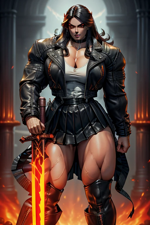 ((Massive tall, beautiful, buff, light brown skinned muscular woman with black hair, black lipstick, ginormous bulky muscles, carrying a fire sword and wearing a black long sleeve pleated shirt with beautiful long pleated skirt)), ((close view)), (massive muscles), long straight hair, orange eyes, choker, ((black long sleeve pleated shirt and tie)), neck tie, ((beautiful long pleated skirt)), belt, thigh high socks, black boots, (in a fire city), closed smile, night, massive muscles