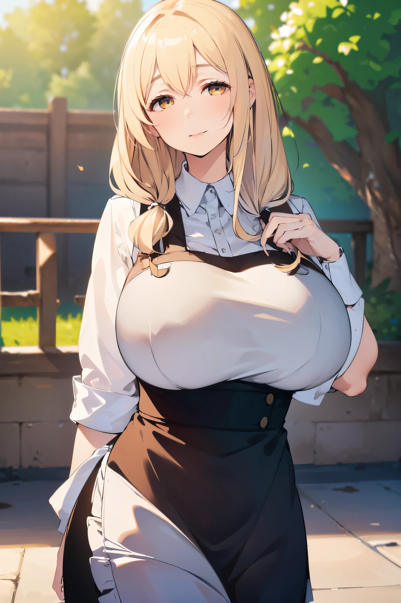 masterpiece, (((huge tits ))), ((busty)), ((thick)), smile, ((( white shirt))), (((apron))), (best quality), ((solo)), 1girl, blonde hair, long hair, amber eyes ,(photorealistic:1.1), 8k uhd, looking a viewer, outdoors, simple backround, smile, ((open eyes)), 