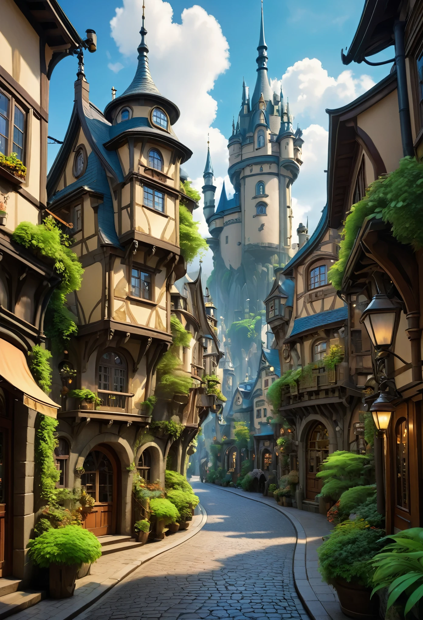A stunningly beautiful city that combines fairy tales and science fiction. It has a fairytale feel to it, yet beautifully blends sci-fi details. Studio Ghibli style, landscape, fantasy style, unique architecture that defies the laws of physics, medieval architecture, cobblestone streets, busy shops, customers, lively alleys, wizard with a wand, masterpiece, top quality, very Detailed, Amazing, Detailed, Highly Detailed CG Unity 8k Wallpaper, Score:>=60,, Incredibly Absurd, Wallpaper, Real, Photo, Landscape, Foreshortening,