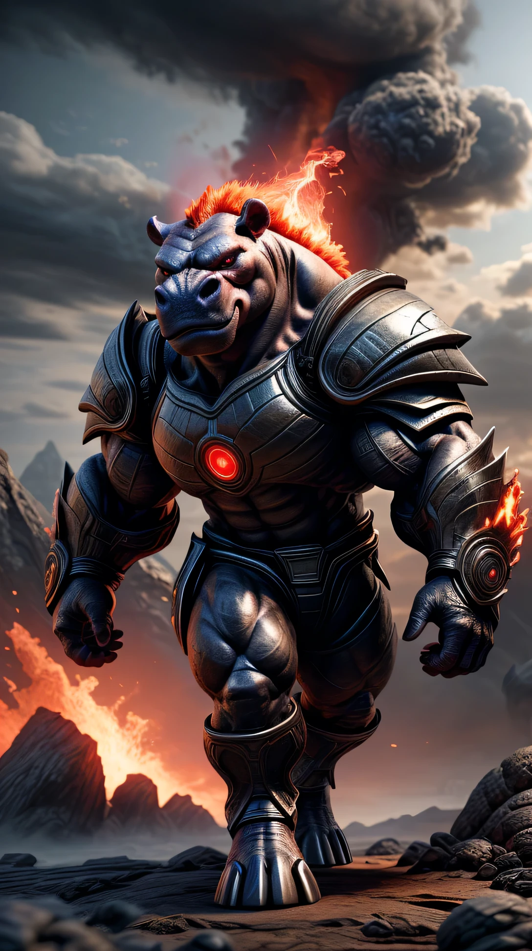 "A full-body, ultrarealistic fusion of Darkseid with a massive, humanoid hippopotamus. The creature has Darkseid's iconic rocky, armored skin texture and wears the menacing, dark-blue armor with glowing red Omega symbols. Its thick, muscular build and intense expression convey immense strength and authority, while red energy emanates from its eyes in Omega beams. The background is a desolate, apocalyptic landscape with fiery cracks in the ground and smoke-filled skies, creating an aura of ultimate power and destruction. Ultrahd, 8k, highly detailed, photorealistic."