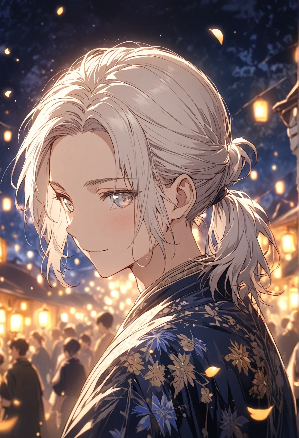 ((Portrait)) ((POV: Close Camera)) ((Alone)) A Boy Named pookiepied, White Hair, Short Ponytail, White Eyes, Wearing A Comfortable Haori And Pant, Gentle Expression, Set the scene on a vibrant medieval night. The fireworks should create a lively atmosphere, adding a sense of celebration and joy to the scene. Warm blue light and tone in the background. Flowery background. Use a depth-of-field effect to keep boy in sharp focus. The scene should be alive with gentle movement, like floating petals or flickering lantern lights, adding depth to the illustration.