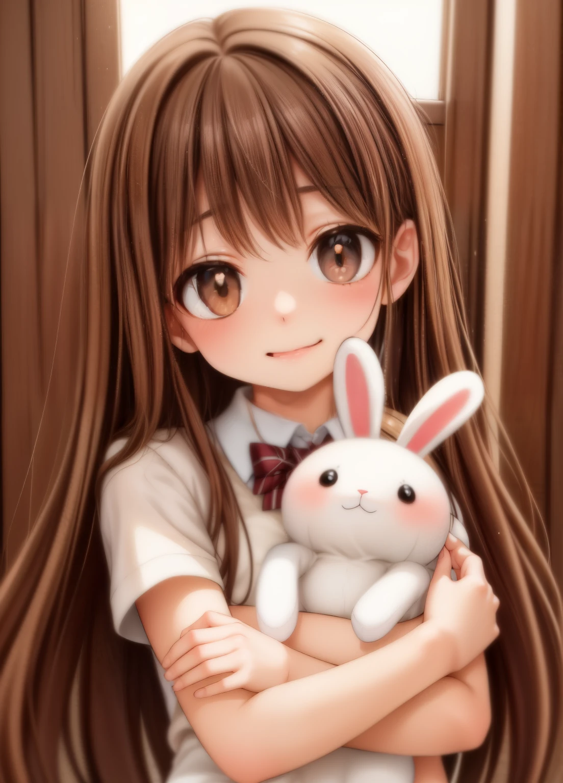 cute girl, beautiful girl, adorable girl, stuffed bunny, white stuffed bunny, soft stuffed bunny, girl hugging stuffed bunny, girl cuddling stuffed bunny, girl holding stuffed bunny, cute expression, happy expression, warm lighting, natural light, soft colors, pastel colors, cinematic lighting, photorealistic, highly detailed, masterpiece, 8k, cinematic quality, portrait shot