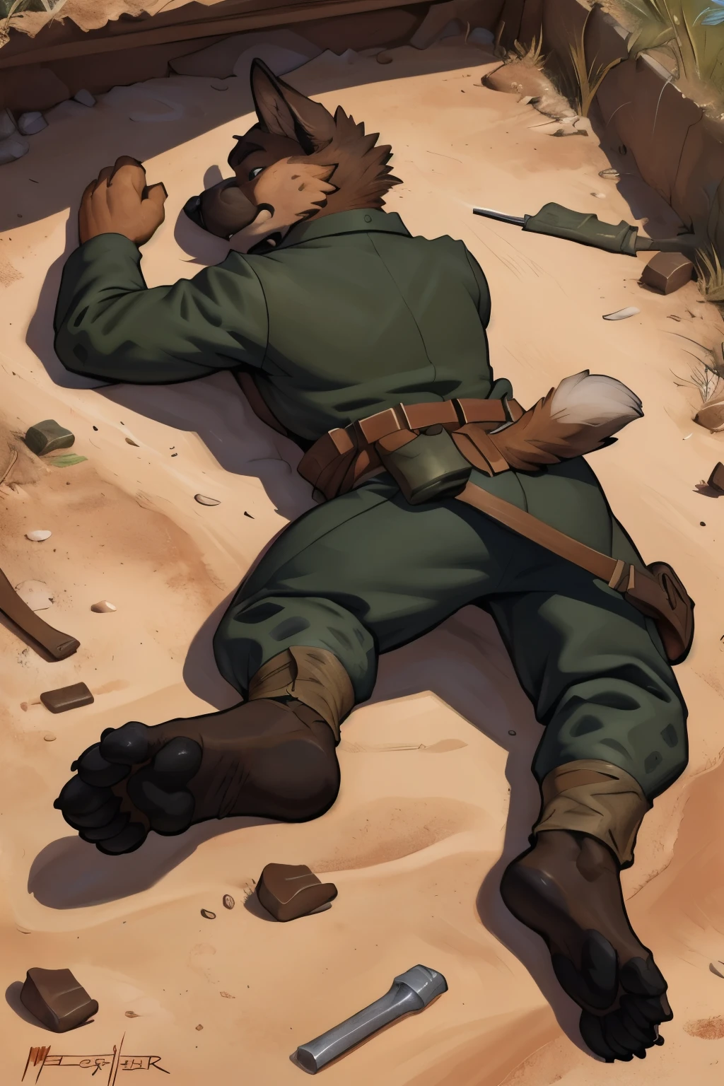 (ultra quality):1.4, color, smooth comics style, (by takemoto arashi, by meesh, by Taran Fiddler), solo:1, (defeat)) ((blackfeetsoles)) ((black feetsoles)) ((knockout face)) did a german shephard in the german soldier uniform without shoes. He is dead in the trench, lying on the back, closed eyes, tonque stuck out of the mounth, defeated on the floor after a fight, exhausted, closed eyes, tonque out of the mounth , ((feet focus)) fluffy tail. Battlefield (uniform germans world war 1)) ((world war 1)) ((ww1)) ((black feetsoles)) ((black pawpads)) (five toes) 5toes, 5finger
