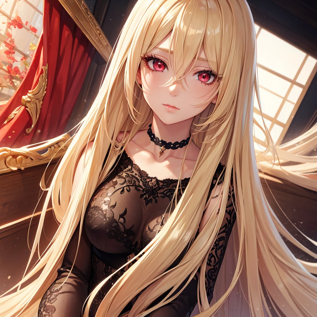 (art: 1.2), (Best Quality: 1.2) 1 female, Mature, Tall (1.85),  alone , Long blonde ,  straight and shiny hair , Blood red eyes,  extremely detailed, Perfect Eyes ,  very realistic eyes , Well-formed eyes,  Long eyelashes,  anime style ,  perfect face, Mature woman&#39;s face,  plump lips, smile, Mature, Beautiful Skin, Natural Body,  sexy body, Milf Body,  place your hands on your lower back, Perfect hands,  detailed hands,  Viewers , Realistic hand,  anatomically superior arms ,  she was wearing an immortal Oriental Chinese gold dress ,  even that dress couldn't hide her very big, huge breasts。 they were down for her size ,  THICK THIGS ,  wide hips, Viewersを見る, Background scenery,  Scenery of a Chinese observatory on the lakeside , In the background、Scenery of the sunset , alone Viewersを見る