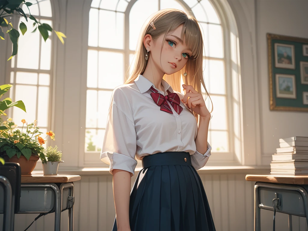 ((Loli)), obra maestra, mejor calidad, (realista, fotorrealista: 1.4), (foto RAW: 1.2), fondo de pantalla CG unity 8k extremadamente detallado, un arte oficial extremadamente delicado y hermoso, asombroso, con detalles finos, absurdos, incredibly absurdres, gran archivo , ultra detallada, extremadamente detallada, ((Katheryn Winnick: 1.3)\(Vikingos)\(Lagertha)), ojos y rostro extremadamente detallados, hermosos ojos detallados, luz en la cara, 1 girl in, cabello extra largo, ((cola de caballo)), sola, linda, mirando al espectador, (figura femenina perfecta) , cintura delgada, cuerpo completo, smal boobs, ((small breasts)), de pie, ((She wears a magnificent school uniform)), ((microfalda)), minifalda, falda a cuadros, ombligo, diafragma, camisa sin mangas, brazos desnudos, flequillo, escuela, Classroom, ulzzang-6500-v1.1, ((caderas muy anchas)), ((muslos muy gruesos))