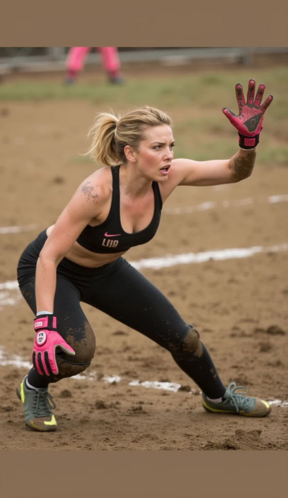 A gorgeous European, age 23, wavy hair. Touching herself. Wearing (muddy khaki leggings:1.5), military boots, distressed tight top khaki tank showing tits, baseball cap, gloves and sunglasses.Perfect body, perfect hair, perfect breast. blurry foreground, UHD, retina, masterpiece, accurate, anatomically correct, textured skin, super detail, high details, high quality, award winning, best quality, highres, 16k, 8k, sunset light.
