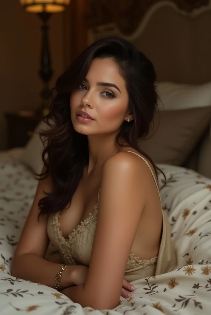 Juncal Solano, une magnifique belle jeune femme latina,poses pour tout le corps, assis dans un lit [porter uniquement des sous-vêtements en dentelle noire], pose sensuelle, highly detailed face and skin, piercing gaze, flowing dark hair, Dramatic lighting, cinematic composition, photorealistic, Style Juncal Solano,