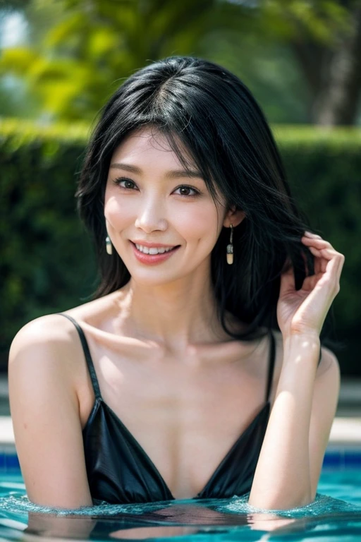 "A slender woman with black hair and red highlights, enjoying herself by a beautiful garden pool. The garden is lush, with vibrant green plants, flowers, and delicate landscaping. The scene is set in high-resolution, capturing the bright, clear water of the pool and the peaceful surroundings in vivid, realistic detail. The woman appears happy and relaxed, with soft sunlight adding a natural glow to the entire setting."  swimsuit　 Lots of Earrings 　

