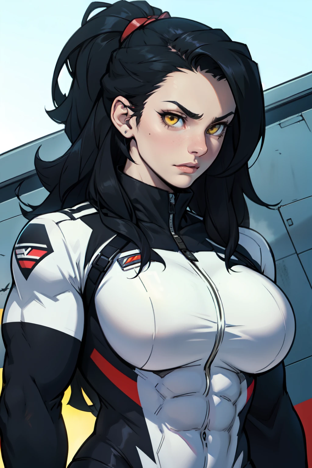 1 girl, black hair, yellow eyes, very long hair, pale skin, ((((extremely muscular)))), large breasts, (confident expression), pilot suit, close up