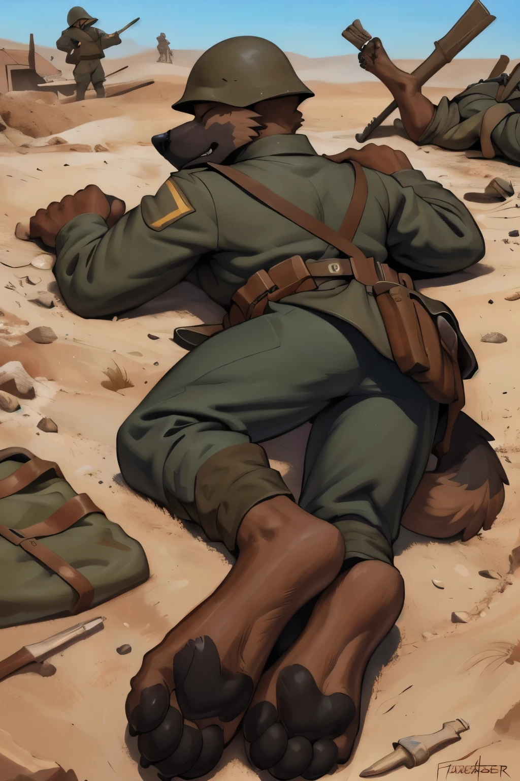 (ultra quality):1.4, color, smooth comics style, (by takemoto arashi, by meesh, by Taran Fiddler), solo:1, (defeat)) ((blackfeetsoles)) ((black feetsoles)) ((knockout face)) did a german shephard in the german soldier uniform without shoes. He is dead in the trench, lying on the back, closed eyes, tonque stuck out of the mounth, defeated on the floor after a fight, exhausted, closed eyes, tonque out of the mounth , ((feet focus)) fluffy tail. Battlefield (uniform germans world war 1)) ((world war 1)) ((ww1)) ((black feetsoles)) ((black pawpads)) (five toes) 5toes, 5finger
