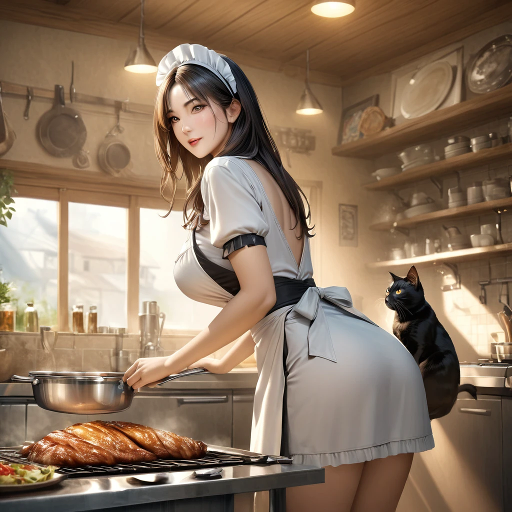 A black cat wearing a maid-like costume, standing on two legs and cooking on the stove in a dining kitchen, apron on, looking back, delicious-looking steaming food on the table, a whimsical world where a pet black cat behaves like a human,(best quality,4k,8k,highres,masterpiece:1.2),ultra-detailed,(realistic,photorealistic,photo-realistic:1.37),intricate details,cinematic lighting,vibrant colors,award winning photograph,professional photography