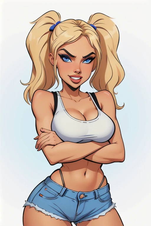 athletic woman, age 25, 8k (High definition), blue eyes, laughing, seducing gaze, wearing crop top, high jeans shorts, Caucasian skin, arms crossed under her cleavage, mean girl, attitude, blonde hair pigtails, pointing one finger down, slim body, big round breasts,. High-quality, white background.