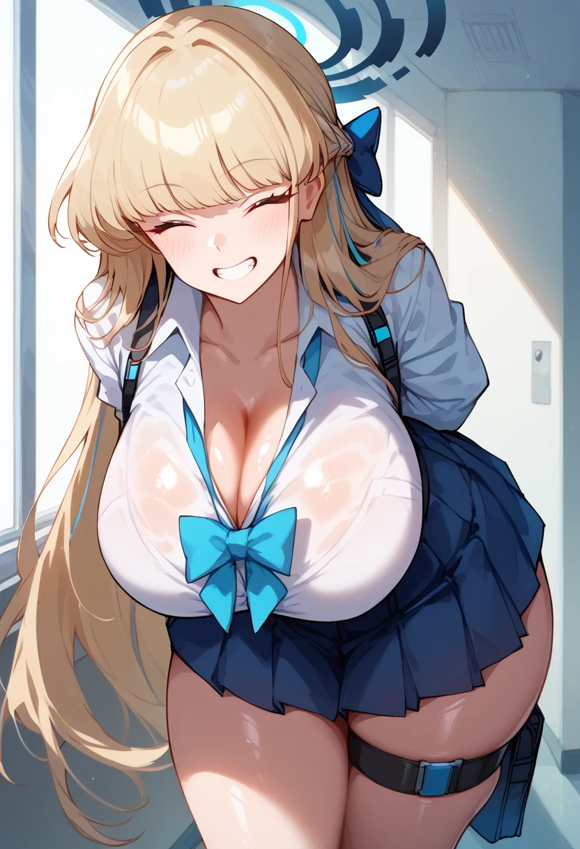 ,score_9, score_8_up, score_7_up,best quality+++,masterpiece+++,

,

gigantic+++ breasts+++,(curvy body:1.3),(thick thighs:1.3),(shiny skin, oily skin:1.3),

closed eyes, grin, teeth,

toki(Blue Archive),school uniform,collared shirt, half long sleeves, blue bowtie, blue skirt, pleated skirt, single thigh strap,

(leaning forward),(arm behind back),

