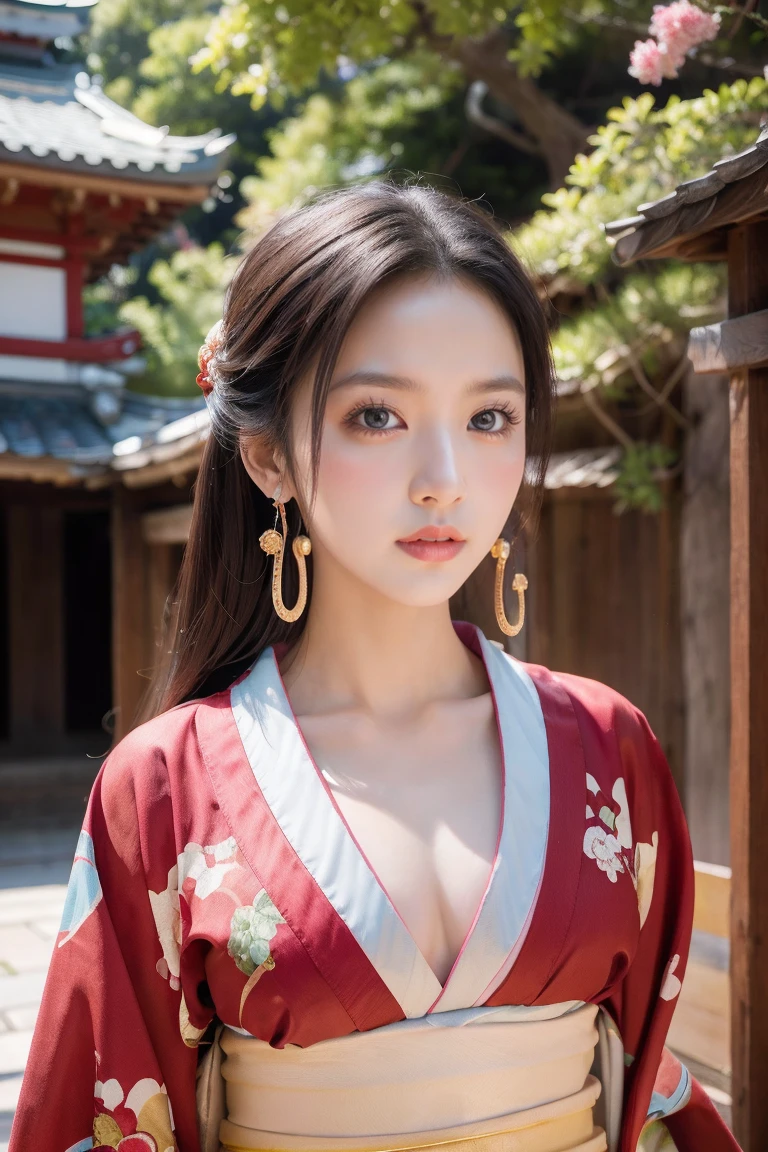 masterpiece, Best Quality,  Boa Hancock ,  1 girl, chest, Alone,  clevis, Long Hair,  red kimono,  earrings for a woman alone,  necklace , Brown Hair,  blush cheeks,  is standing,  , Smoking , Japanese castle background, Super detailed, Realistic,  Black Hair 