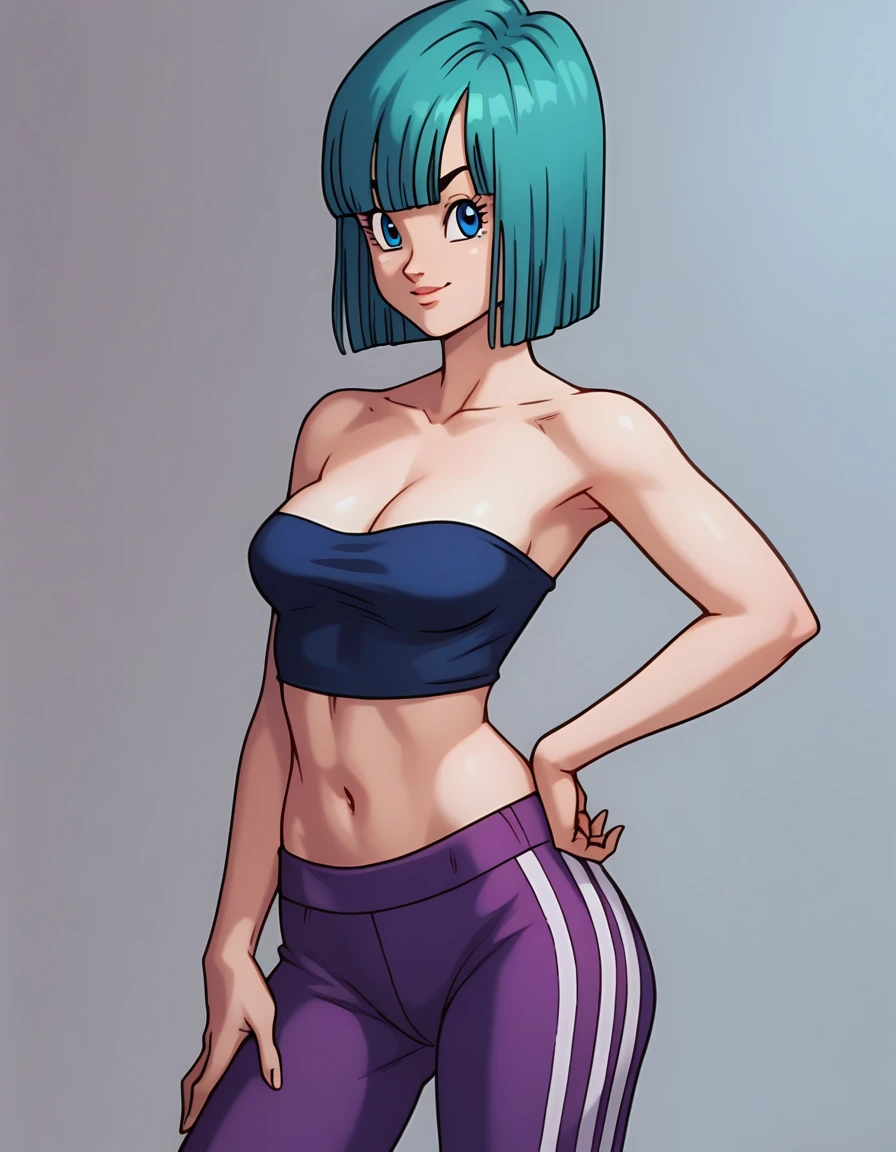 bulma, android saga, short hair, aqua hair, bangs, blue eyes, bob cut, 1girl, solo, medium breast, seductive smile, bare shoulder, a strapless red ruffle off the shoulder top, navel, purple leggings, standing up a white wall, looking at viewers, posing